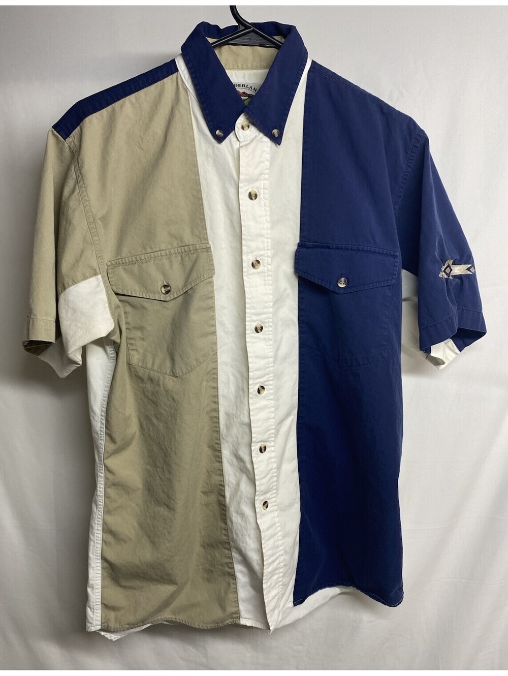 Cumberland Outfitters Mens Tan Blue Western Shirt Short Sleeve  Collar Size M
